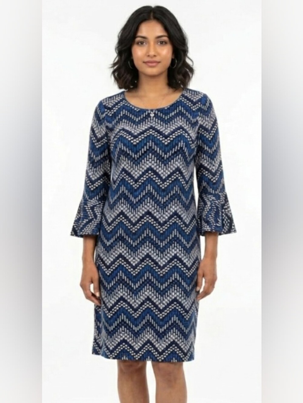 R&K Blue and Black Chevron Long Bell Sleeve Dress Size 18